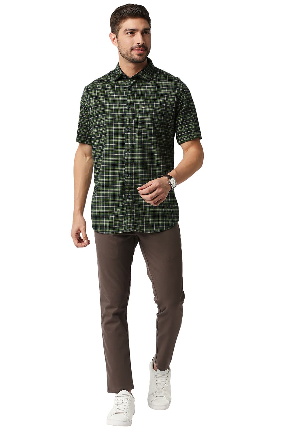 BASICS SLIM FIT STRETCH CHECKS HALFSLEEVES SHIRT