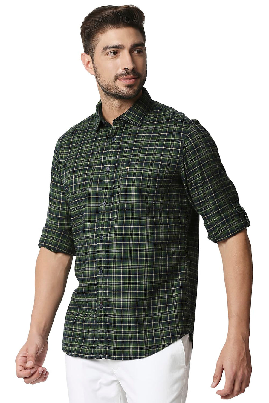 BASICS SLIM FIT GARDEN GREEN STRETCH CHECKS SHIRT