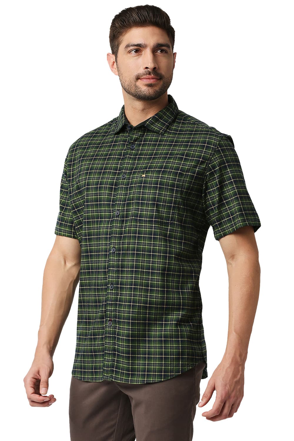 BASICS SLIM FIT STRETCH CHECKS HALFSLEEVES SHIRT