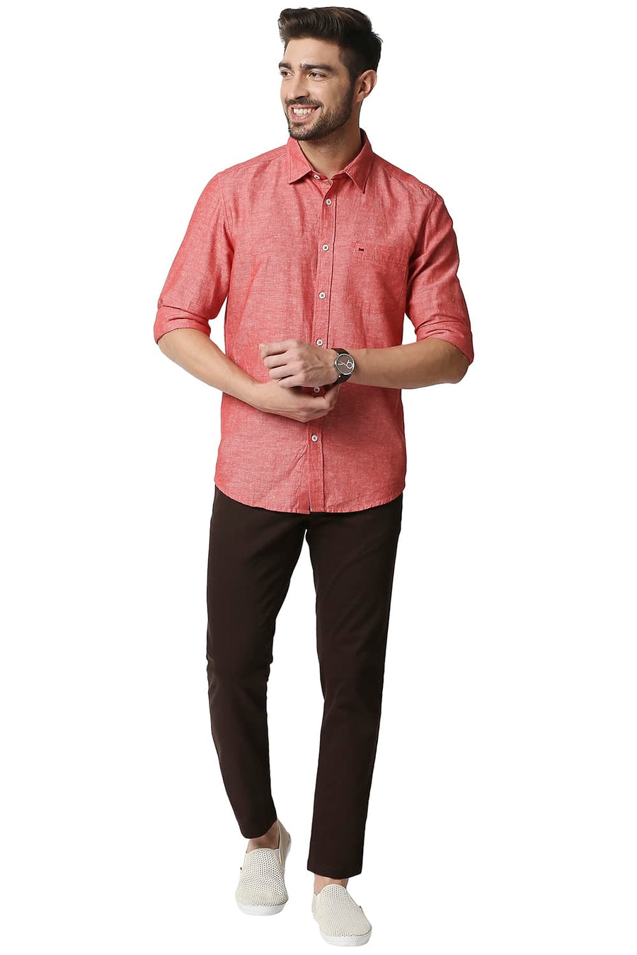 BASICS SLIM FIT SHARON RED COTTON LINEN SHIRT