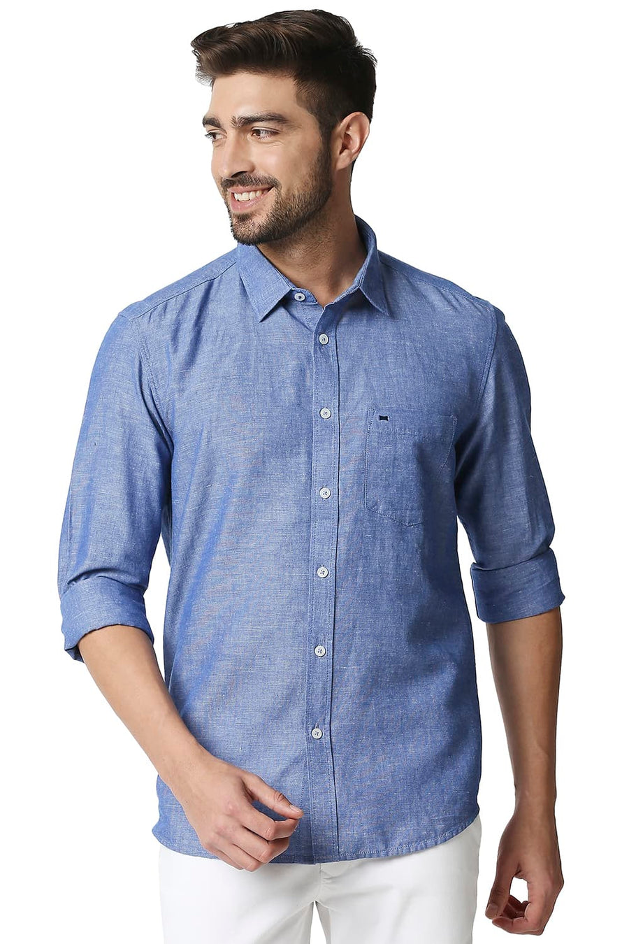 BASICS SLIM FIT DELFT BLUE COTTON LINEN SHIRT
