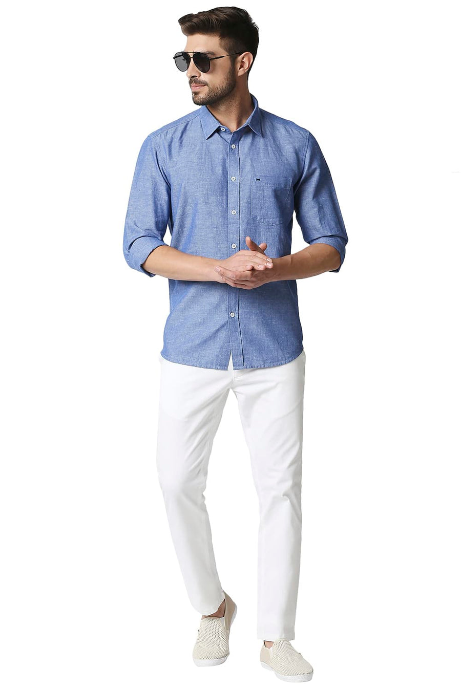 BASICS SLIM FIT DELFT BLUE COTTON LINEN SHIRT