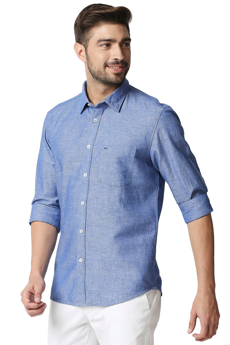 BASICS SLIM FIT DELFT BLUE COTTON LINEN SHIRT