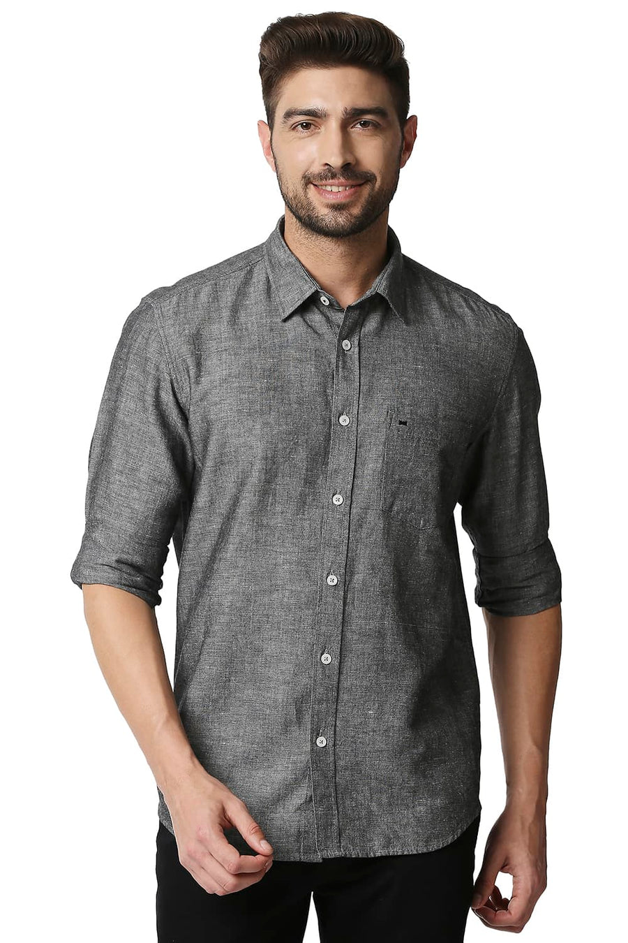 BASICS SLIM FIT PEWTER GREY COTTON LINEN SHIRT