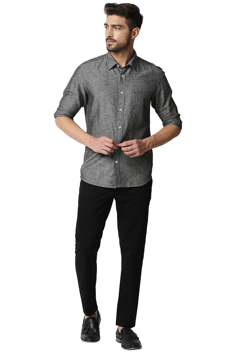 BASICS SLIM FIT PEWTER GREY COTTON LINEN SHIRT