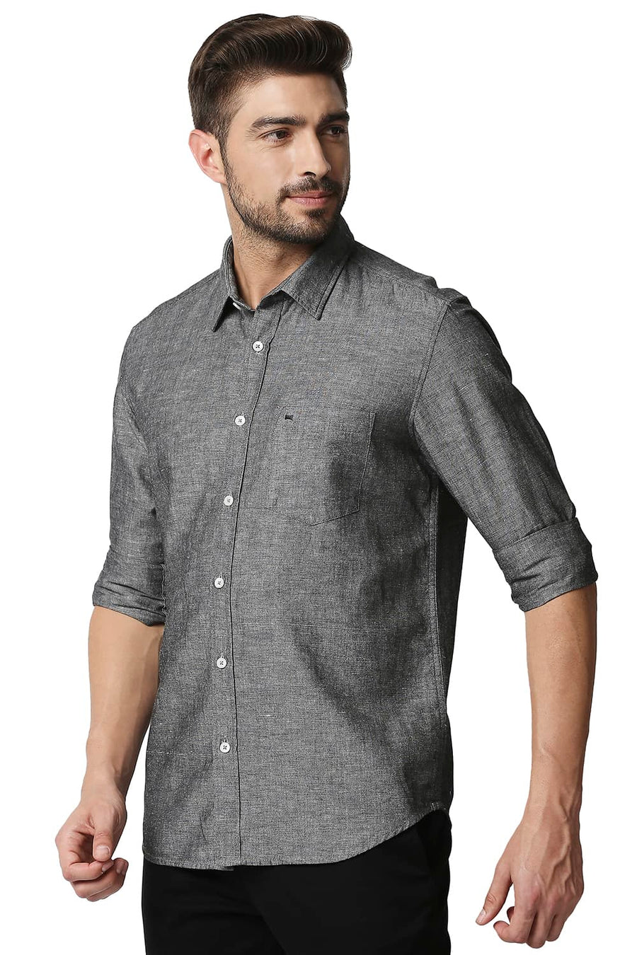 BASICS SLIM FIT PEWTER GREY COTTON LINEN SHIRT