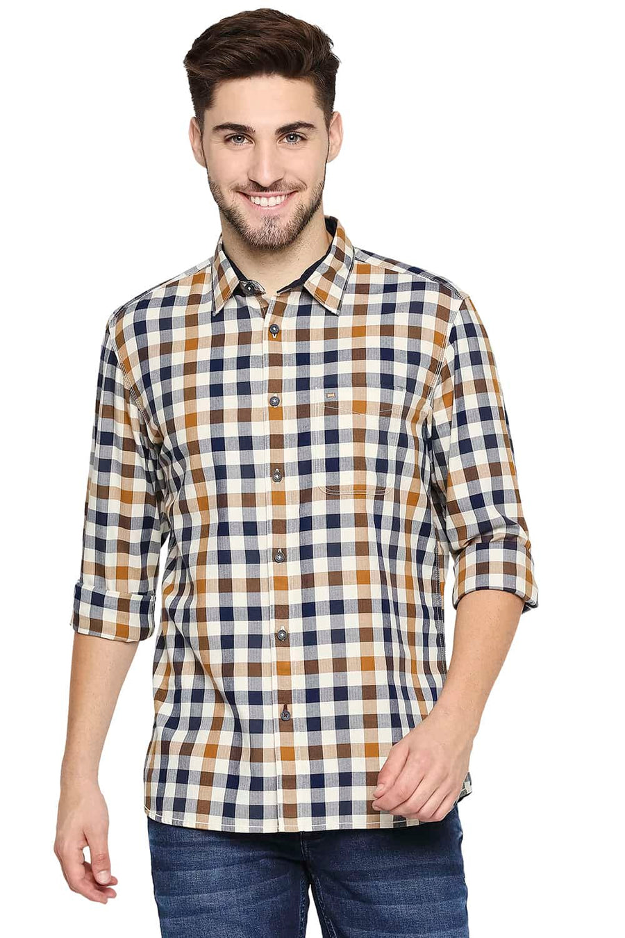 BASICS SLIM FIT MEDIEVAL BLUE TWILL CHECKS SHIRT SHIRT