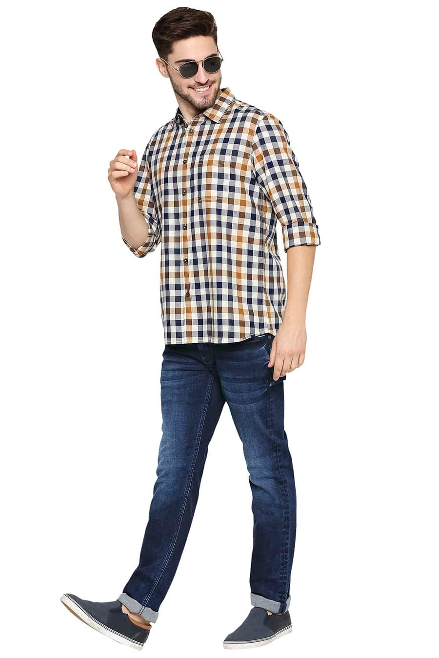 BASICS SLIM FIT MEDIEVAL BLUE TWILL CHECKS SHIRT SHIRT