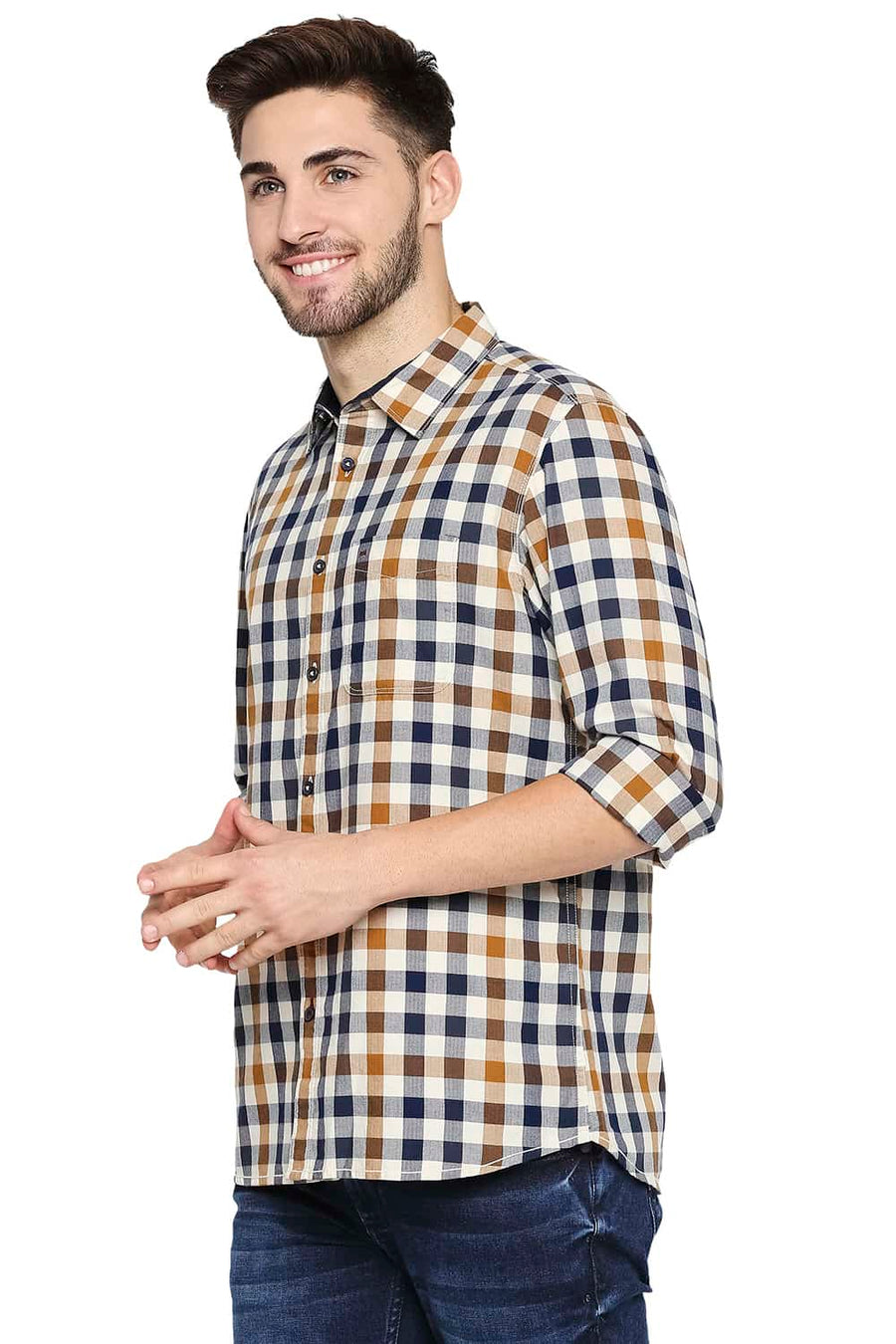 BASICS SLIM FIT MEDIEVAL BLUE TWILL CHECKS SHIRT SHIRT