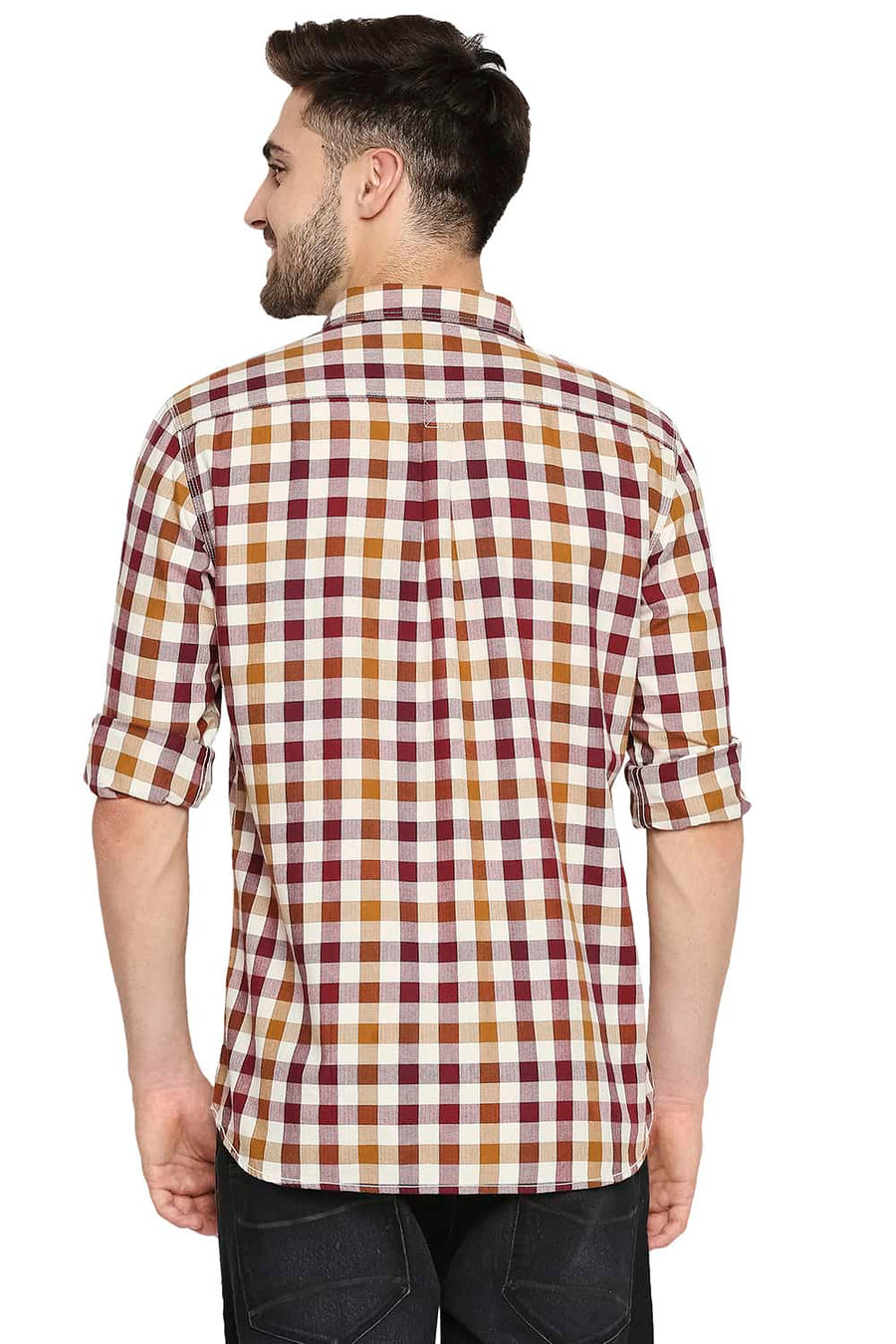 BASICS SLIM FIT WINDSOR MAROON TWILL CHECKS SHIRT SHIRT