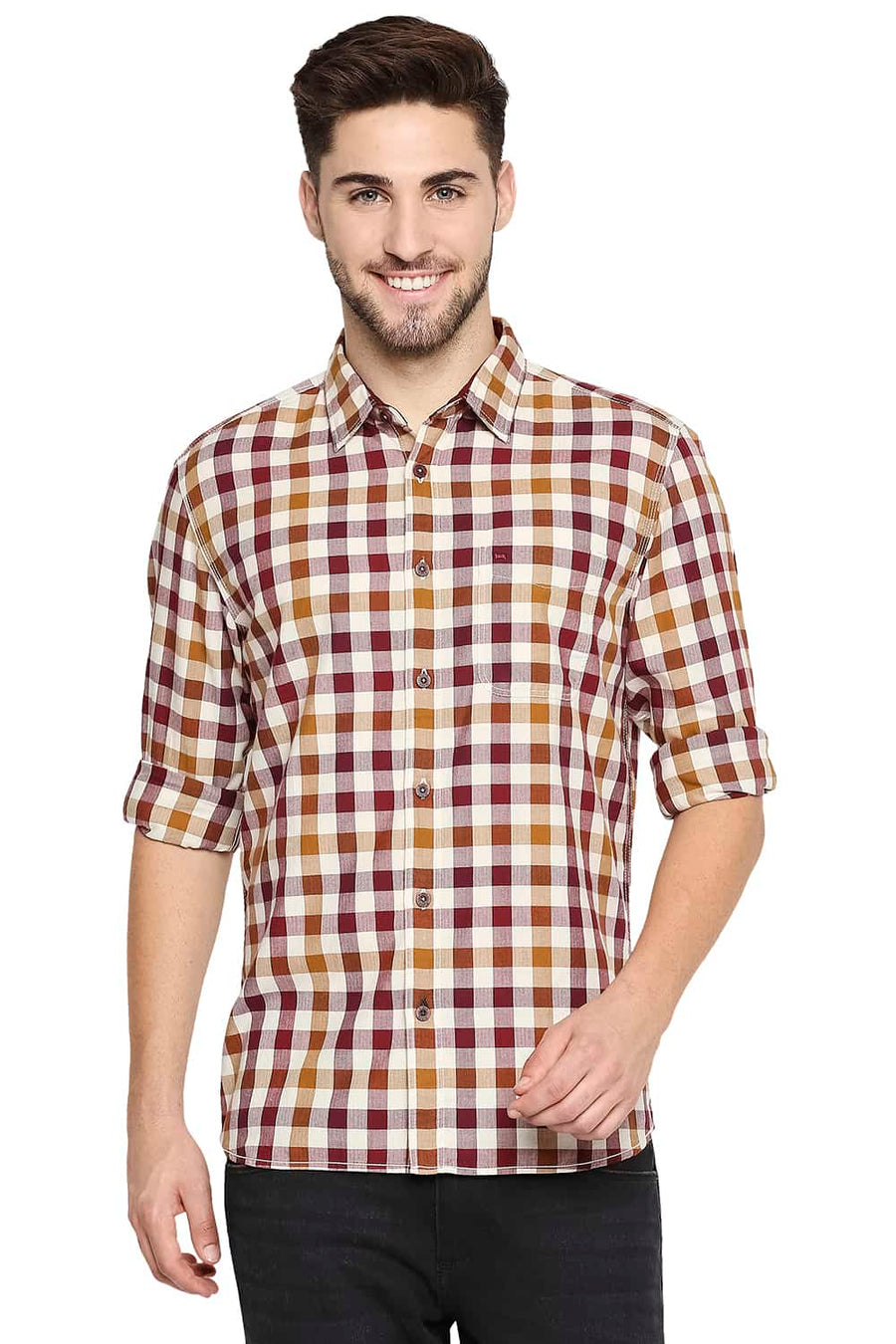BASICS SLIM FIT WINDSOR MAROON TWILL CHECKS SHIRT SHIRT