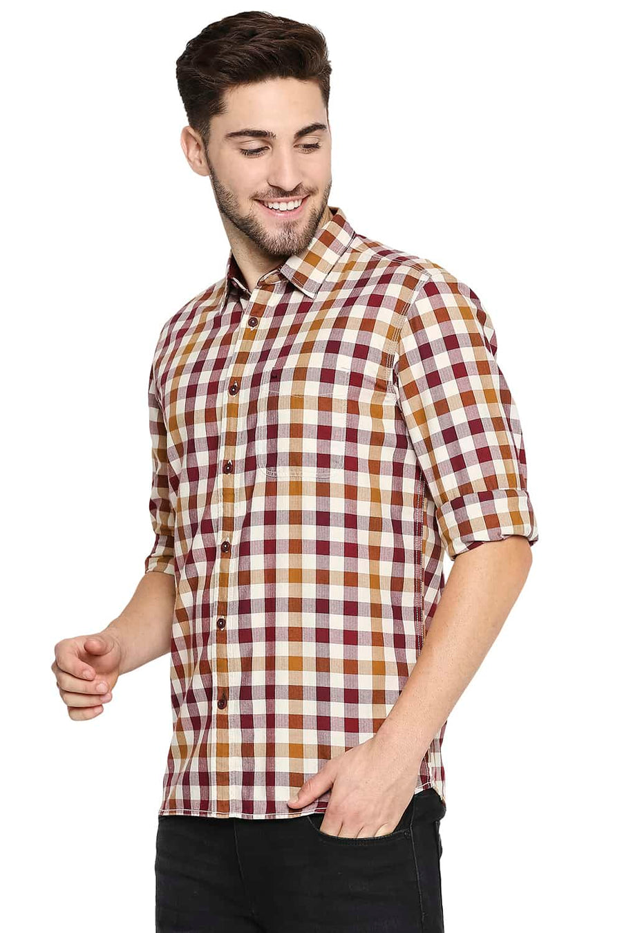 BASICS SLIM FIT WINDSOR MAROON TWILL CHECKS SHIRT SHIRT