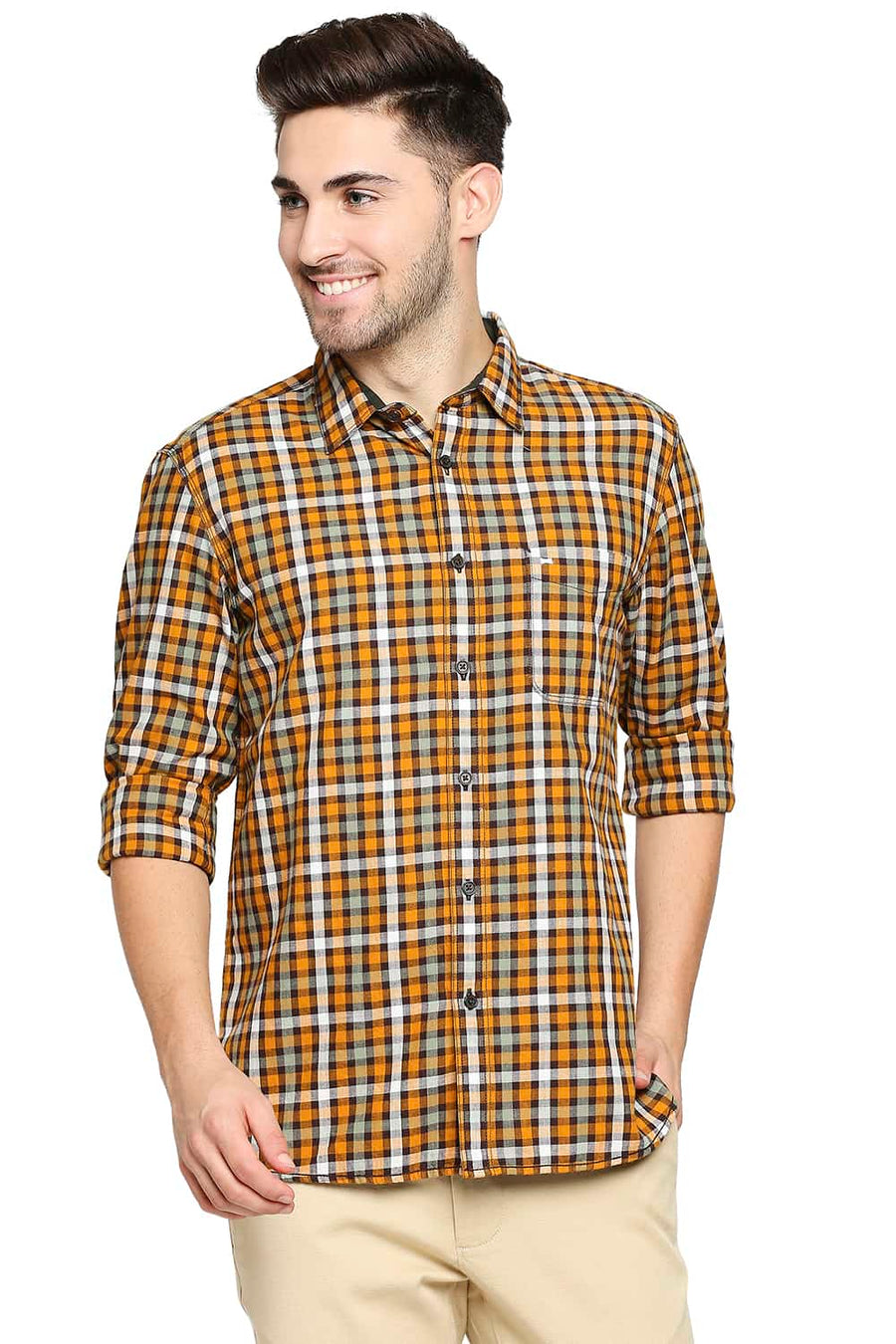 BASICS SLIM FIT INCA YELLOW SLUB TWILL CHECKS SHIRT SHIRT