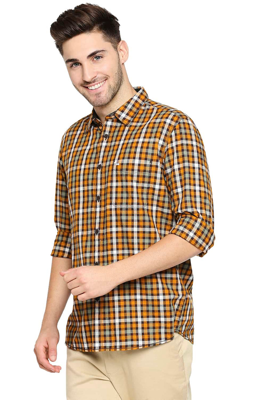 BASICS SLIM FIT INCA YELLOW SLUB TWILL CHECKS SHIRT SHIRT
