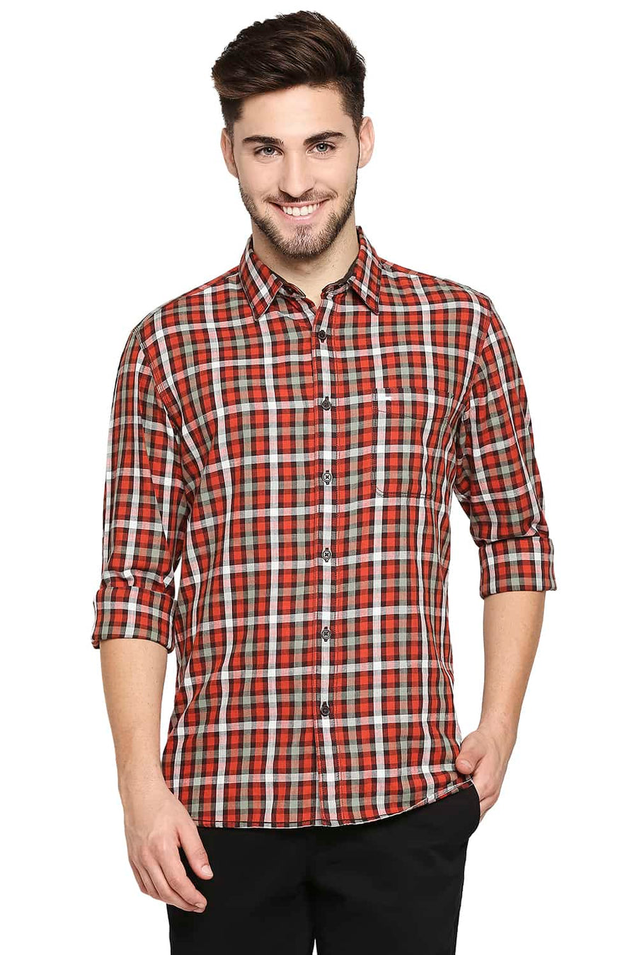 BASICS SLIM FIT BOSSA ORANGE SLUB TWILL CHECKS SHIRT SHIRT