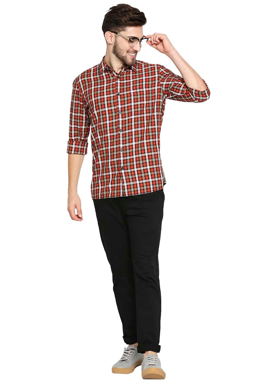 BASICS SLIM FIT BOSSA ORANGE SLUB TWILL CHECKS SHIRT SHIRT