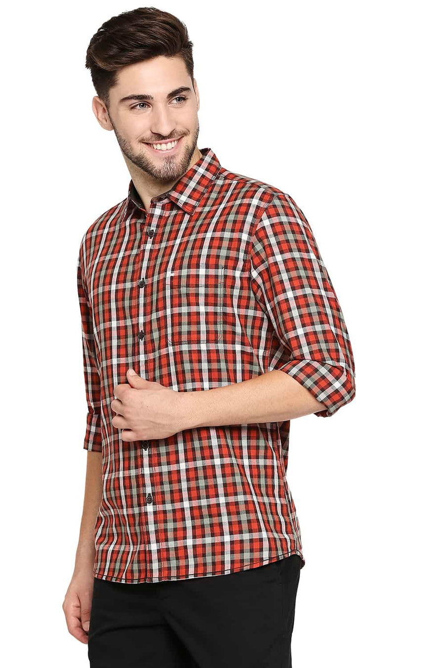 BASICS SLIM FIT BOSSA ORANGE SLUB TWILL CHECKS SHIRT SHIRT