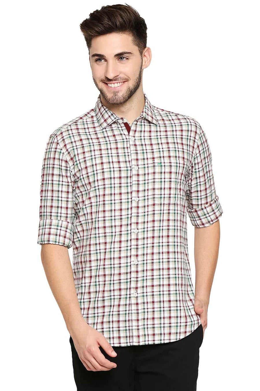 BASICS SLIM FIT EDEN GREEN SLUB TWILL CHECKS SHIRT SHIRT