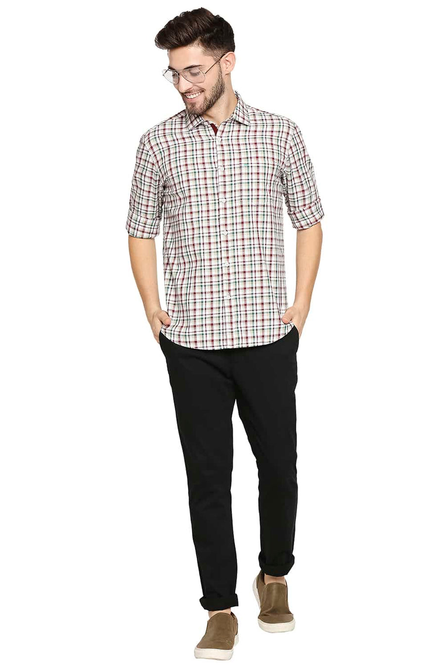 BASICS SLIM FIT EDEN GREEN SLUB TWILL CHECKS SHIRT SHIRT