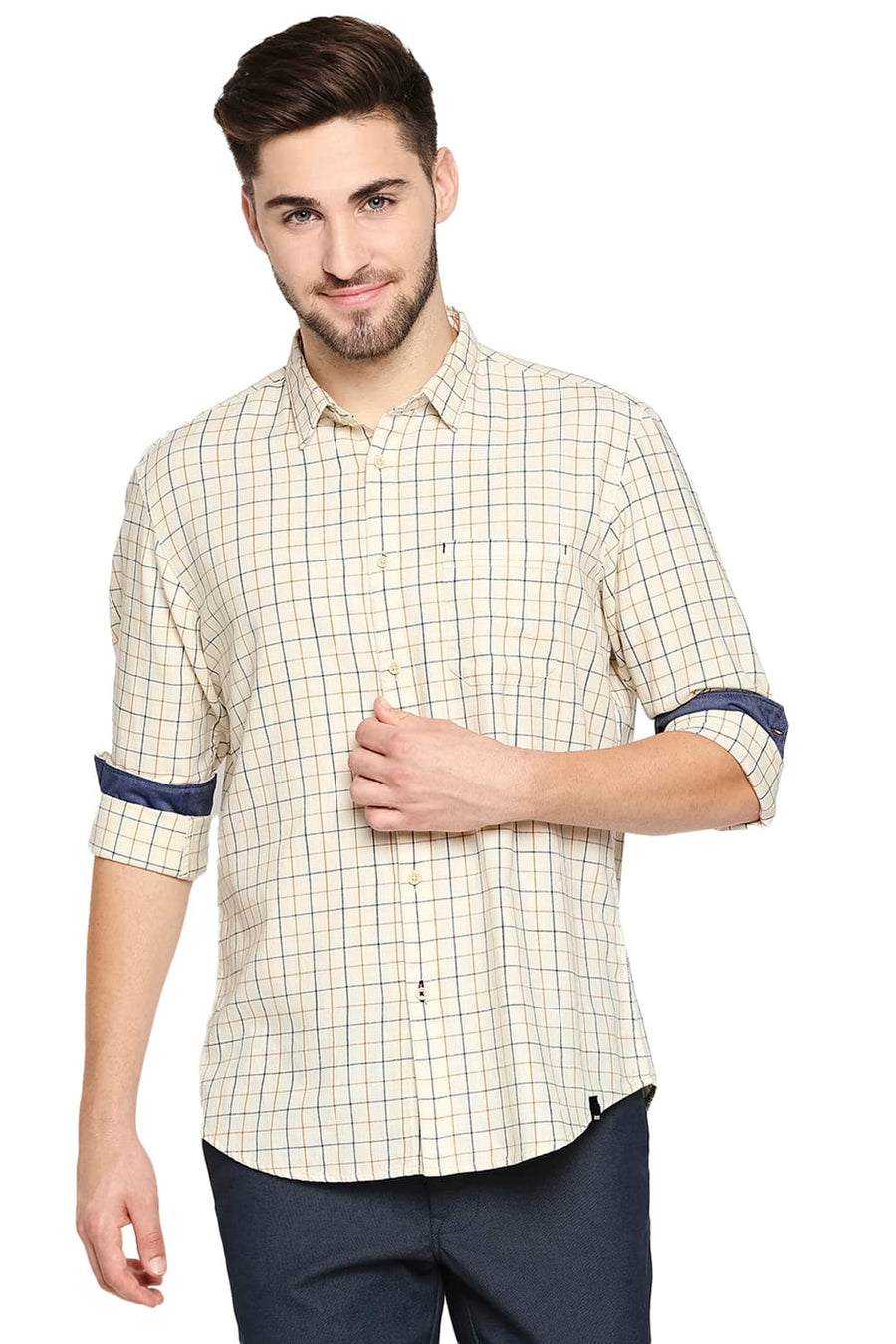 BASICS SLIM FIT ARCTIC KHAKI SLUB TWILL CHECKS SHIRT SHIRT