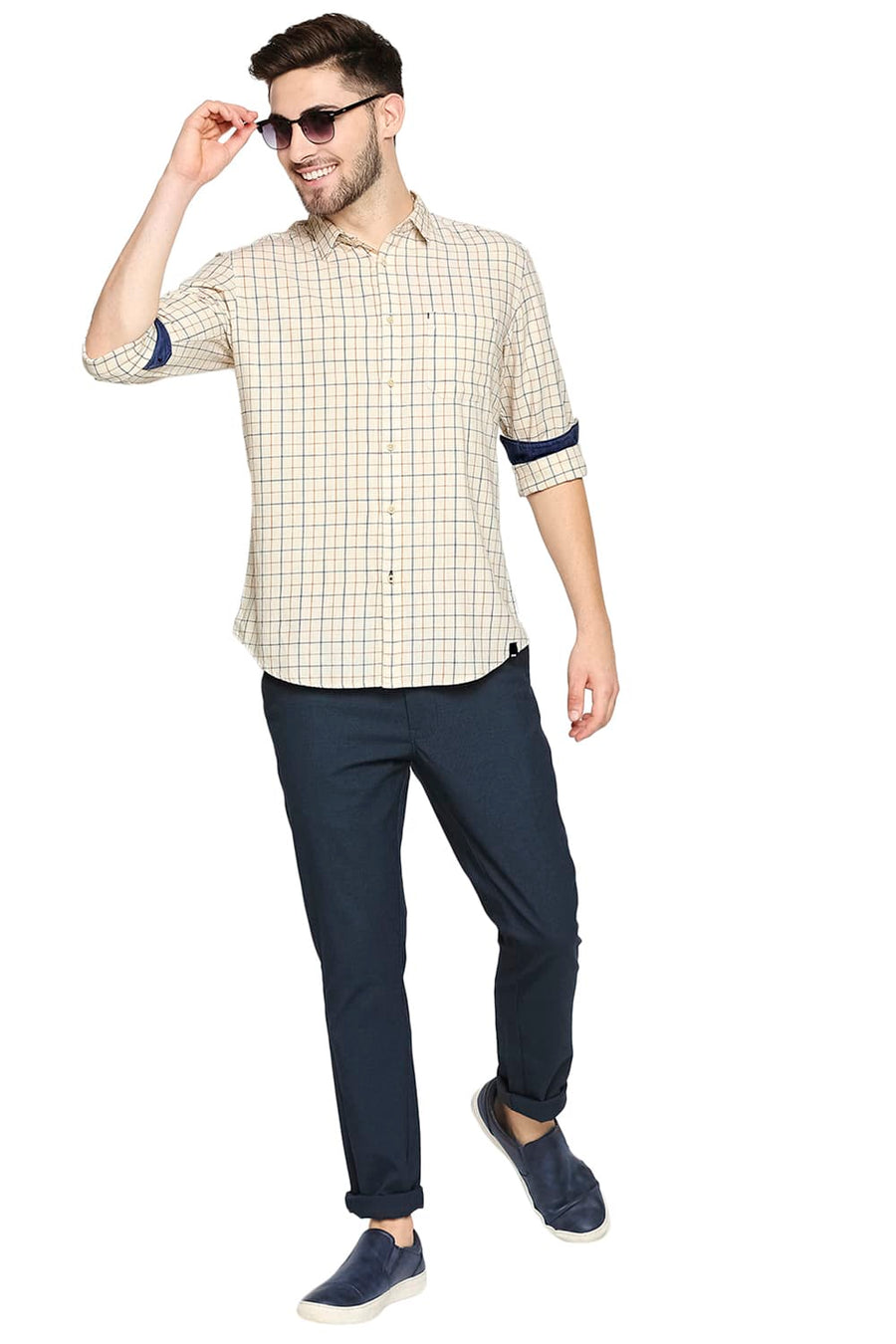 BASICS SLIM FIT ARCTIC KHAKI SLUB TWILL CHECKS SHIRT SHIRT