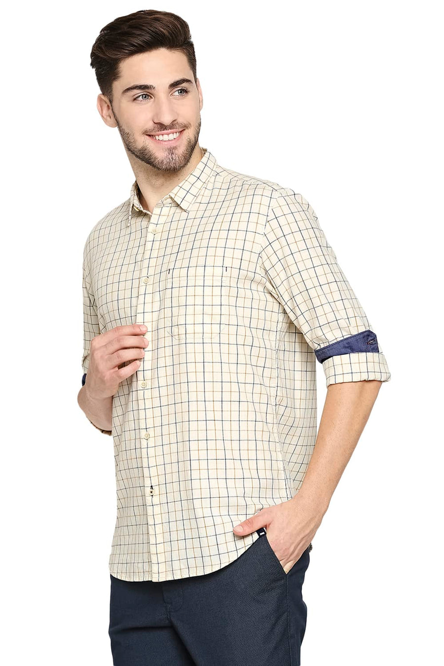 BASICS SLIM FIT ARCTIC KHAKI SLUB TWILL CHECKS SHIRT SHIRT