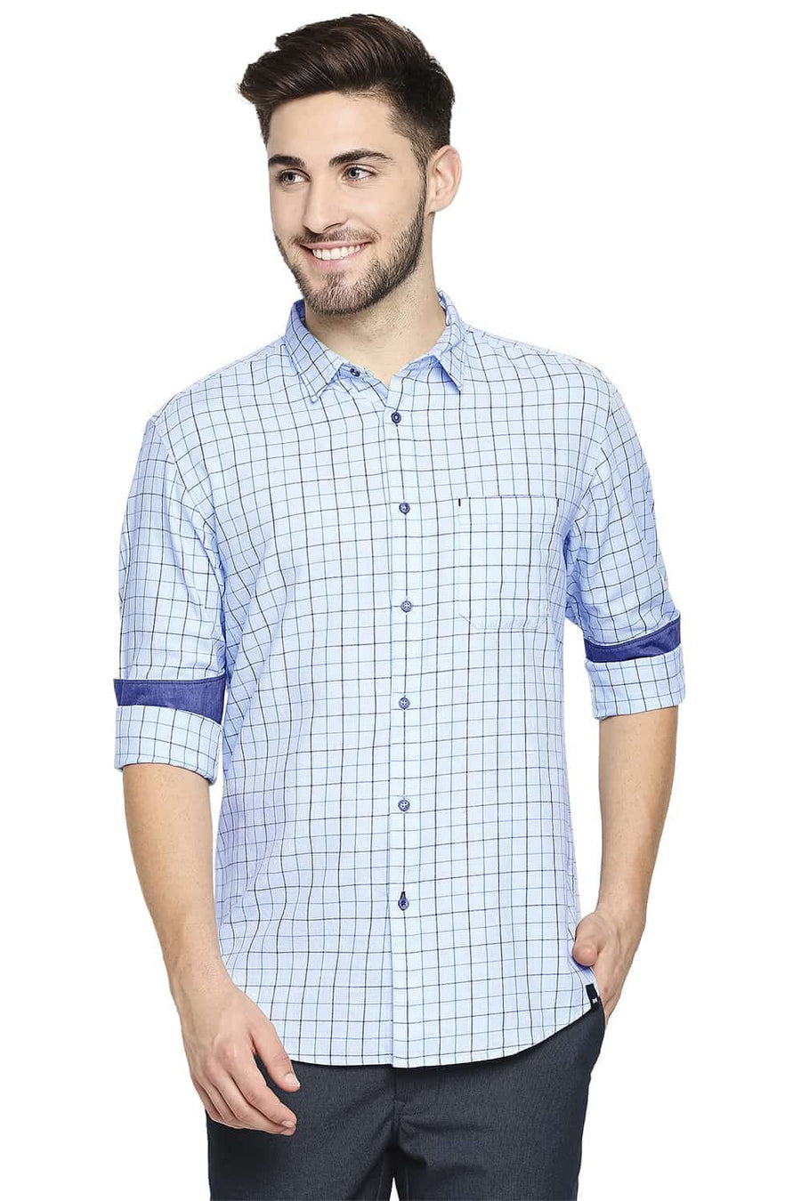 BASICS SLIM FIT KENTUCKY BLUE SLUB TWILL CHECKS SHIRT SHIRT