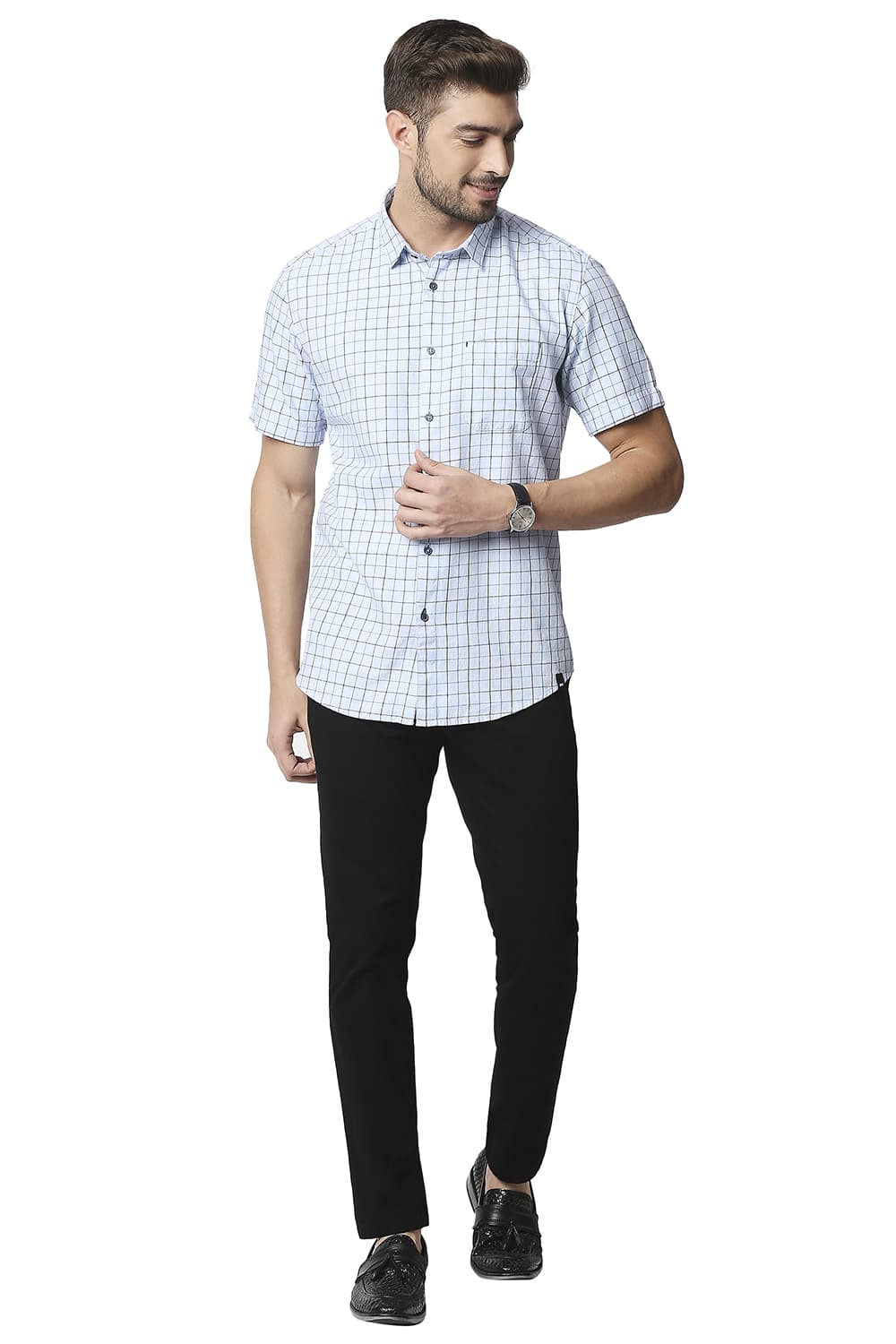 BASICS SLIM FIT SLUB TWILL CHECKS HALFSLEEVES SHIRT HALFSLEEVES SHIRT