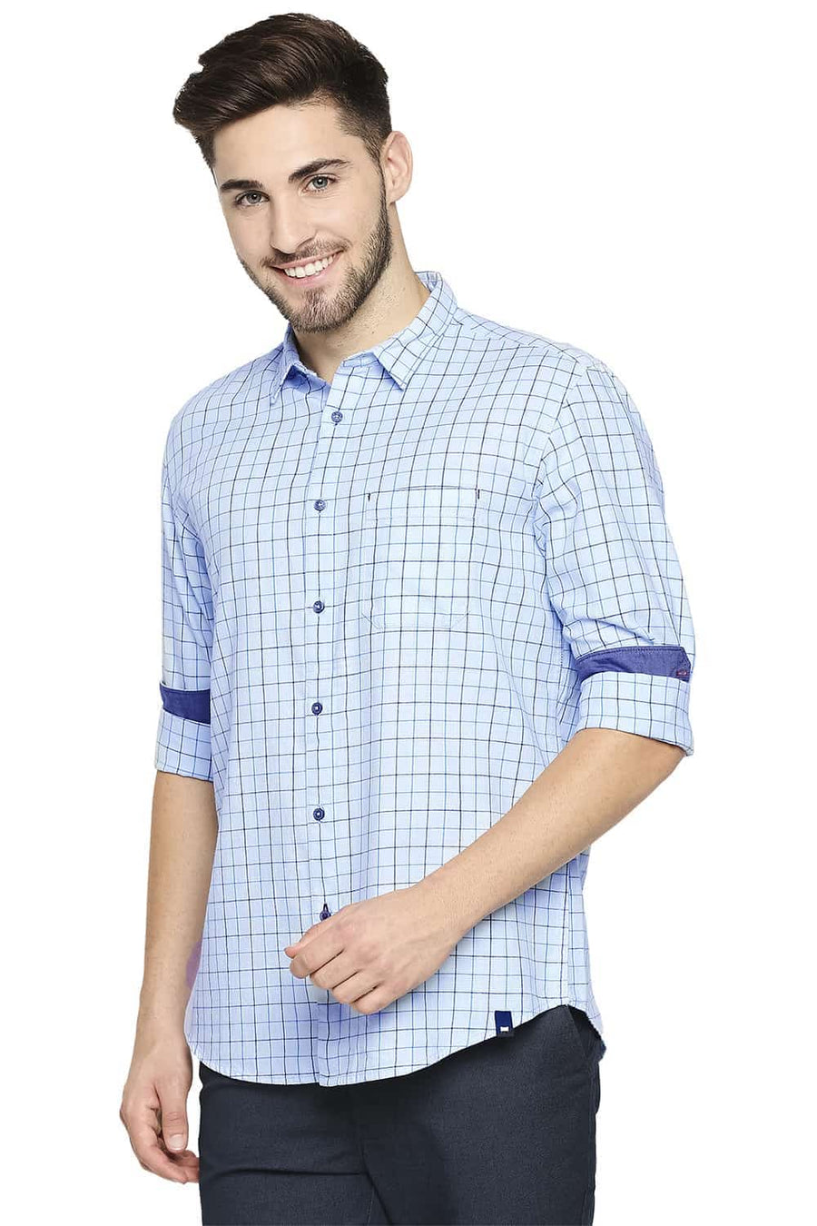 BASICS SLIM FIT KENTUCKY BLUE SLUB TWILL CHECKS SHIRT SHIRT