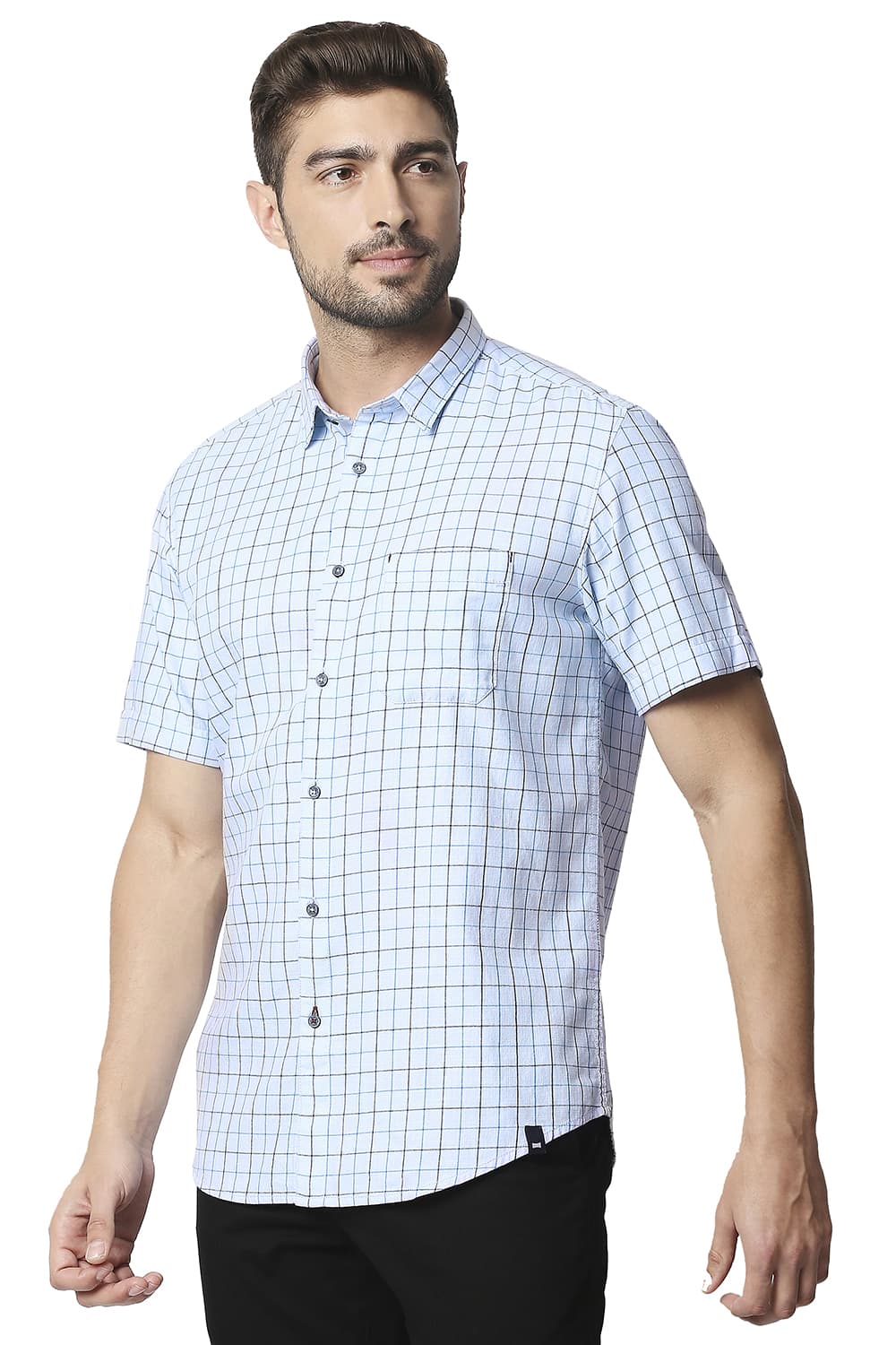 BASICS SLIM FIT SLUB TWILL CHECKS HALFSLEEVES SHIRT HALFSLEEVES SHIRT