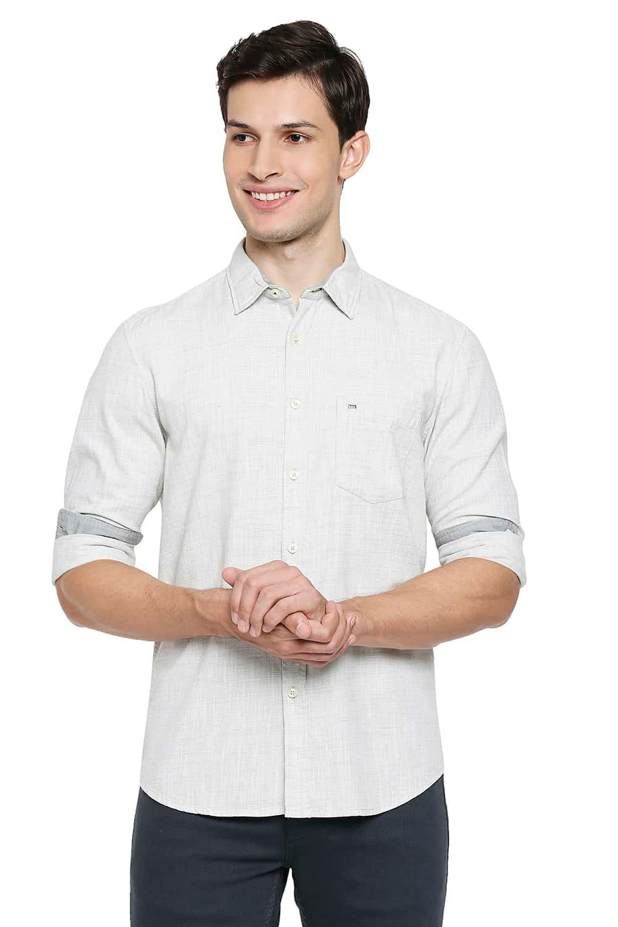 BASICS SLIM FIT SMOKE GREEN SLUB TWILL STRIPE SHIRT