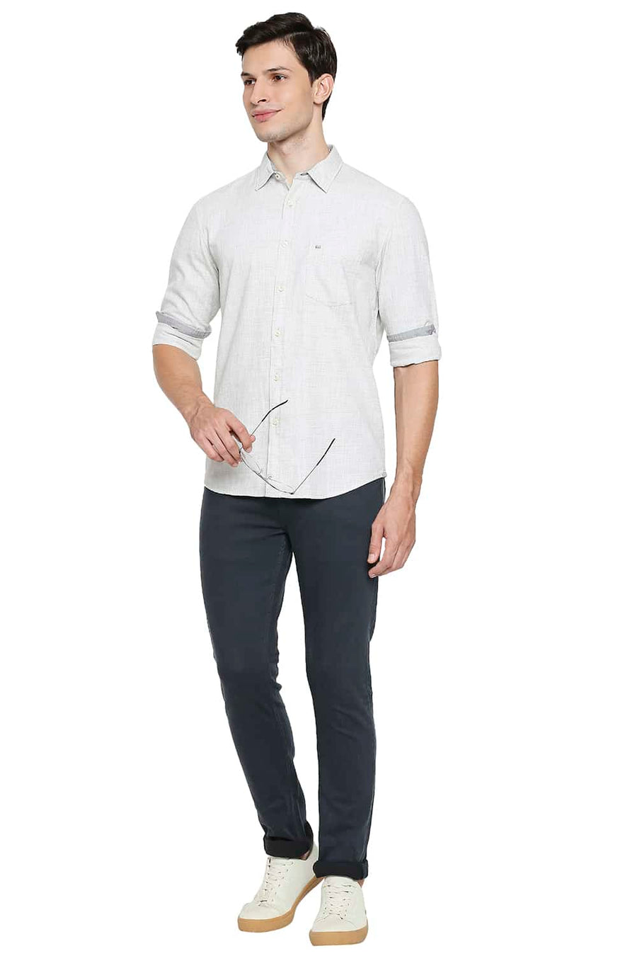 BASICS SLIM FIT SMOKE GREEN SLUB TWILL STRIPE SHIRT