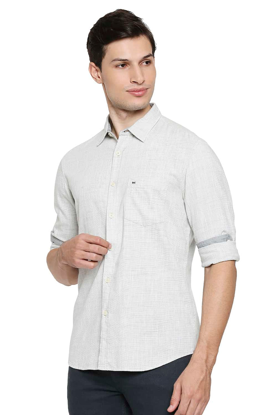 BASICS SLIM FIT SMOKE GREEN SLUB TWILL STRIPE SHIRT
