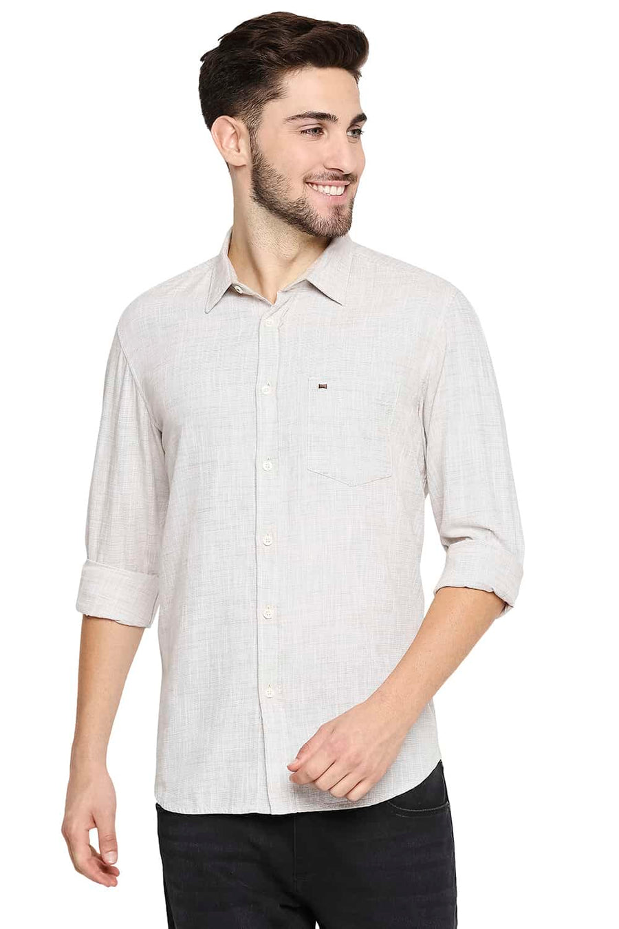 BASICS SLIM FIT FENNEL KHAKI SLUB TWILL STRIPE SHIRT