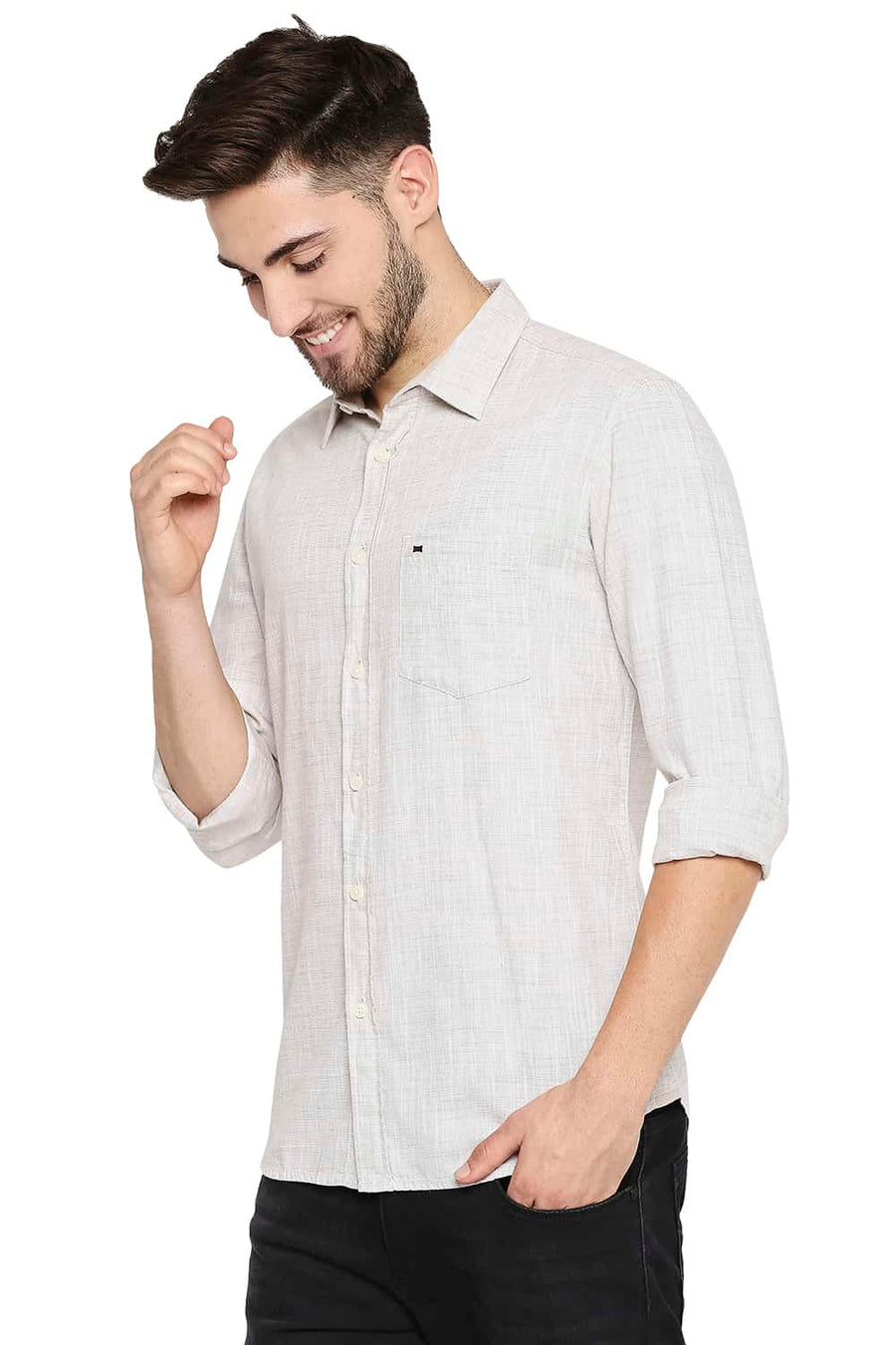 BASICS SLIM FIT FENNEL KHAKI SLUB TWILL STRIPE SHIRT