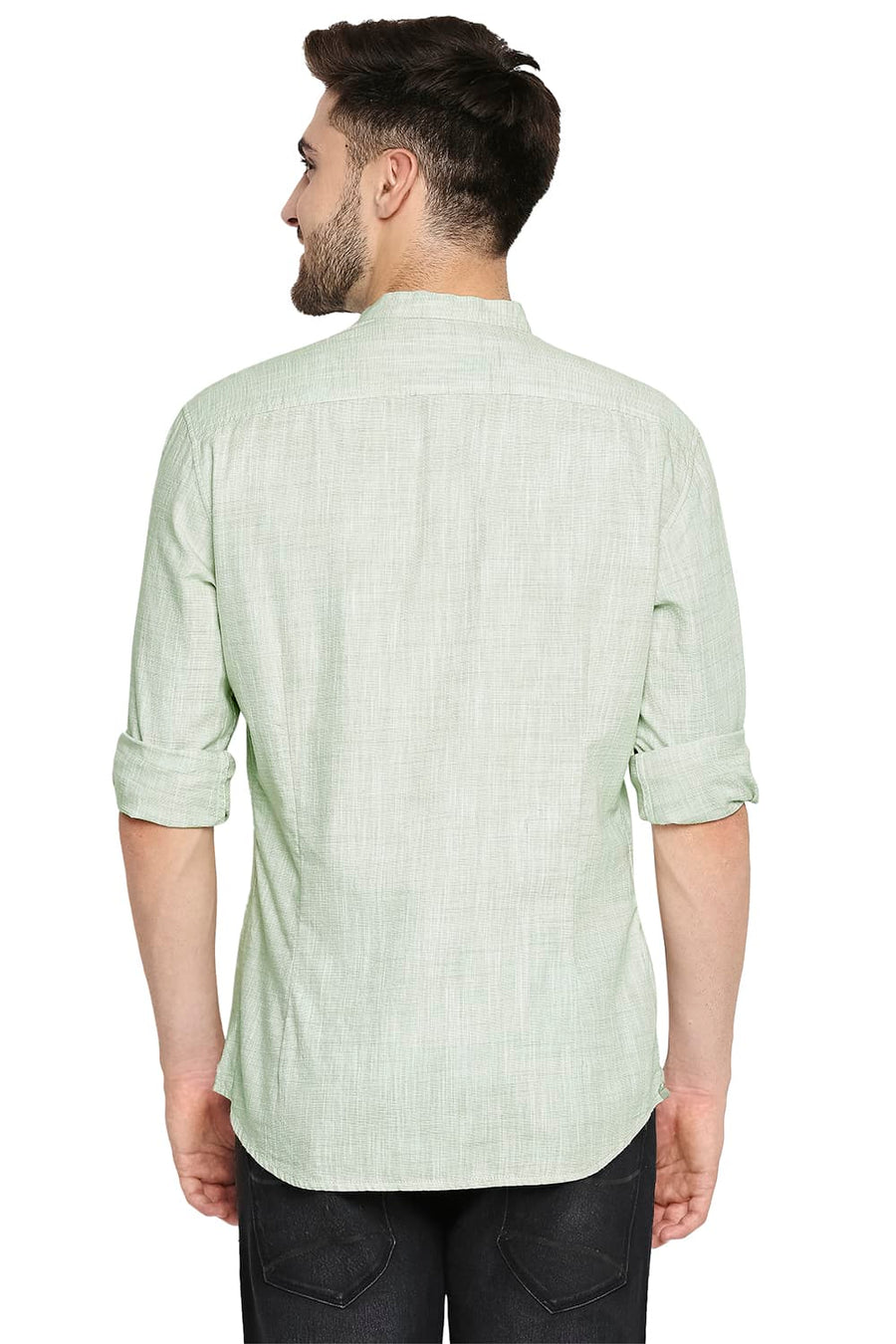 BASICS SLIM FIT SMOKE GREEN SLUB TWILL STRIPE SHIRT