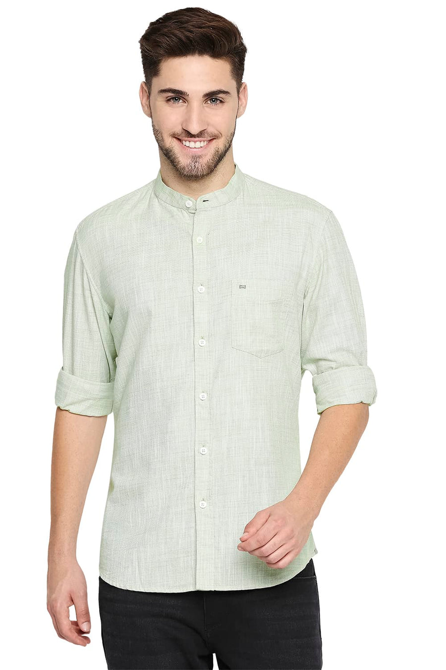 BASICS SLIM FIT SMOKE GREEN SLUB TWILL STRIPE SHIRT