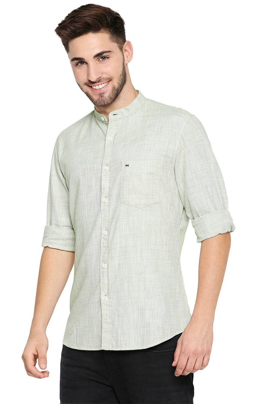 BASICS SLIM FIT SMOKE GREEN SLUB TWILL STRIPE SHIRT