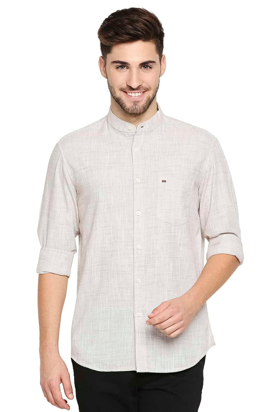 BASICS SLIM FIT FENNEL KHAKI SLUB TWILL STRIPE SHIRT