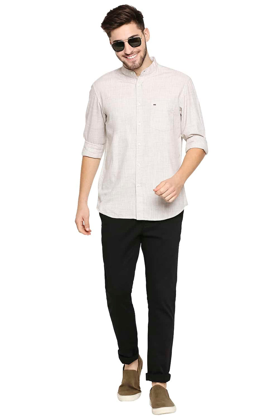 BASICS SLIM FIT FENNEL KHAKI SLUB TWILL STRIPE SHIRT