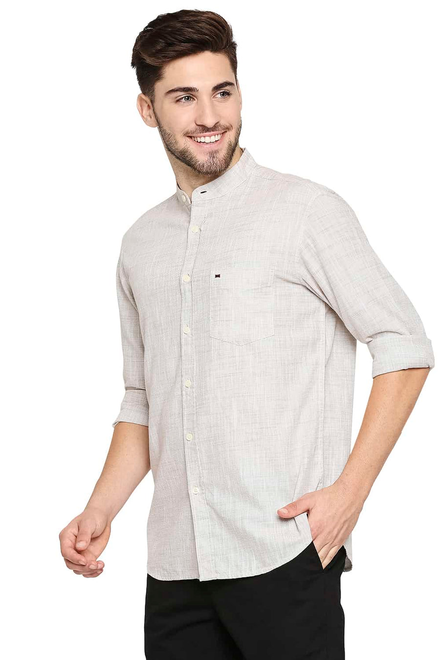 BASICS SLIM FIT FENNEL KHAKI SLUB TWILL STRIPE SHIRT