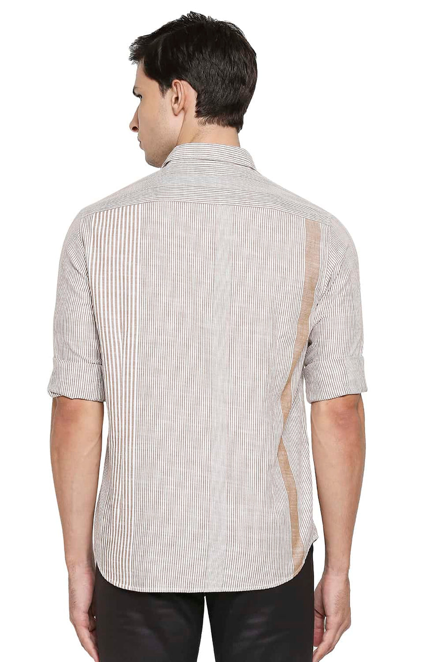 BASICS SLIM FIT PASTRY KHAKI SLUB ENG VERTICAL STRIPE SHIRT