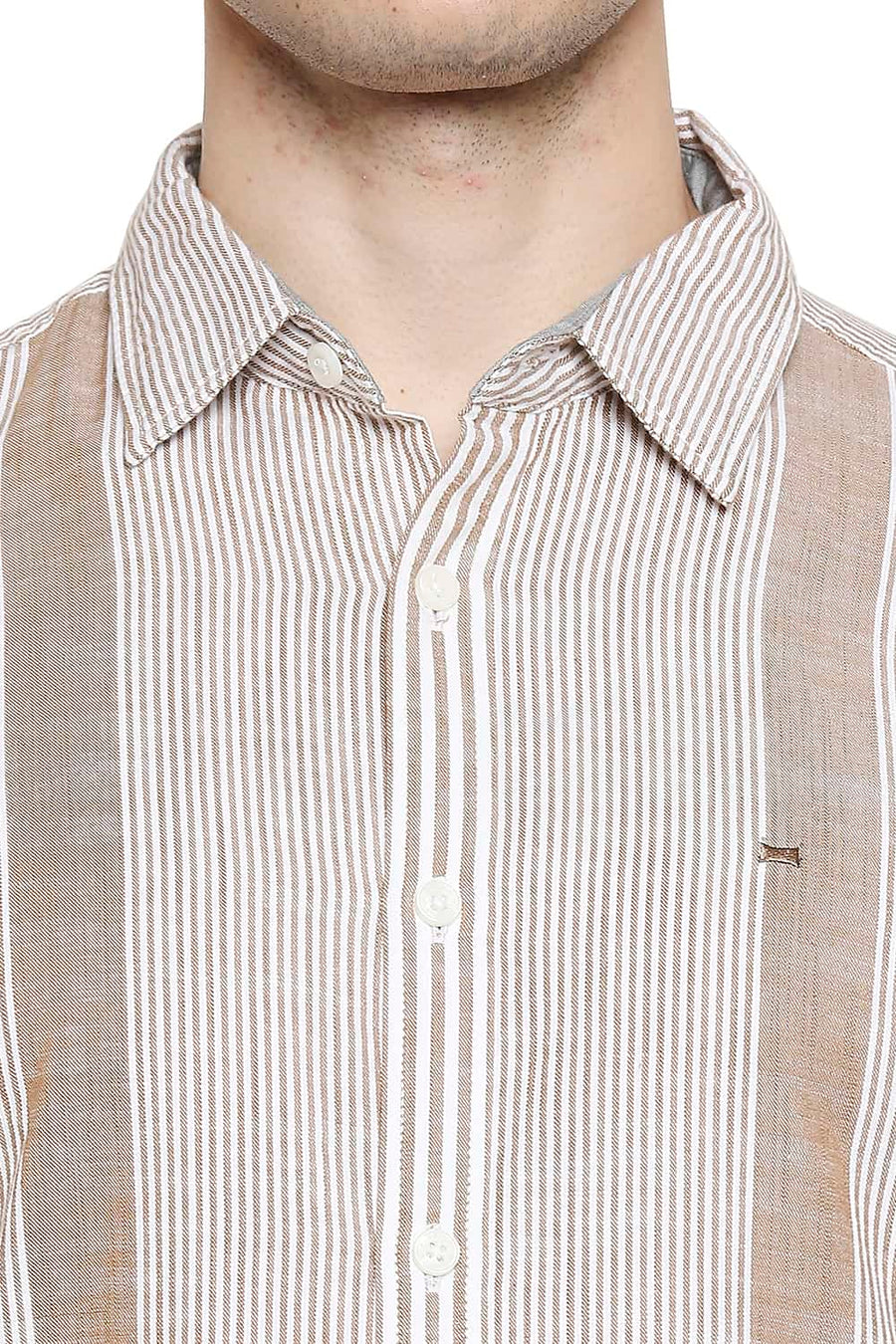 BASICS SLIM FIT PASTRY KHAKI SLUB ENG VERTICAL STRIPE SHIRT