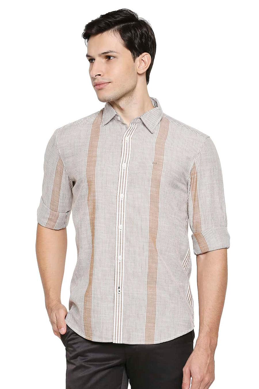 BASICS SLIM FIT PASTRY KHAKI SLUB ENG VERTICAL STRIPE SHIRT