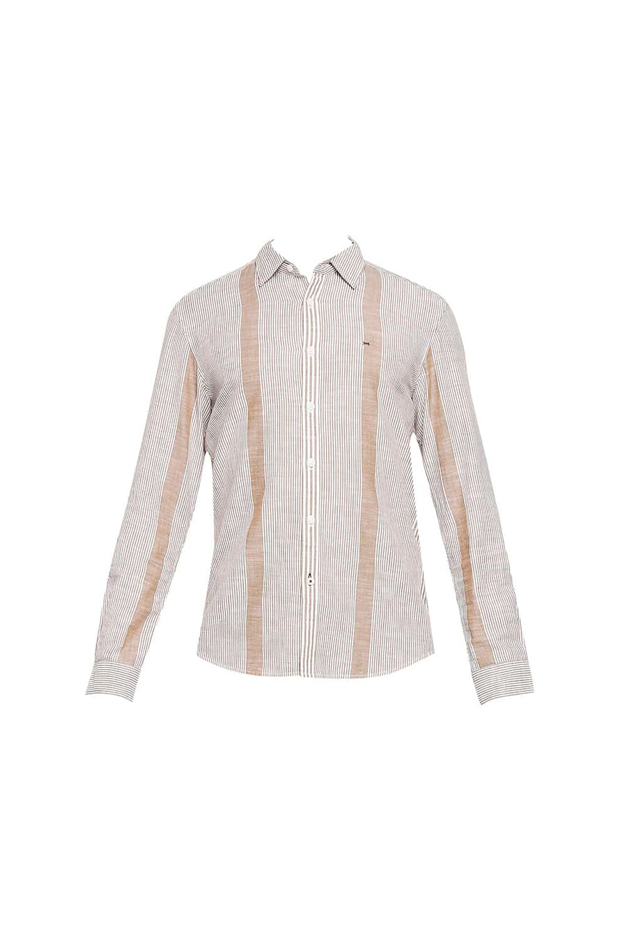 BASICS SLIM FIT PASTRY KHAKI SLUB ENG VERTICAL STRIPE SHIRT