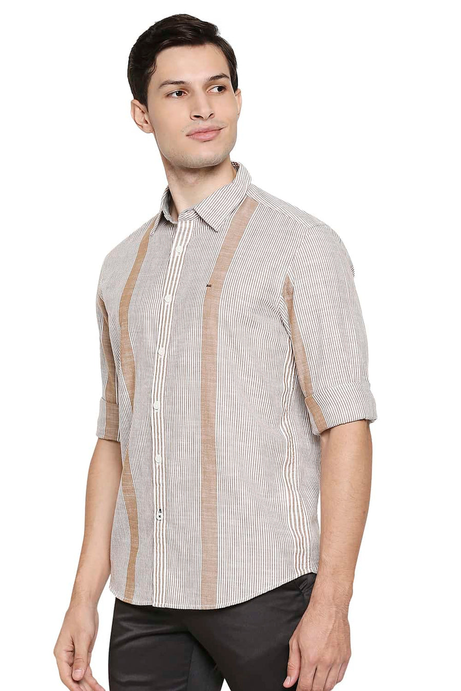 BASICS SLIM FIT PASTRY KHAKI SLUB ENG VERTICAL STRIPE SHIRT