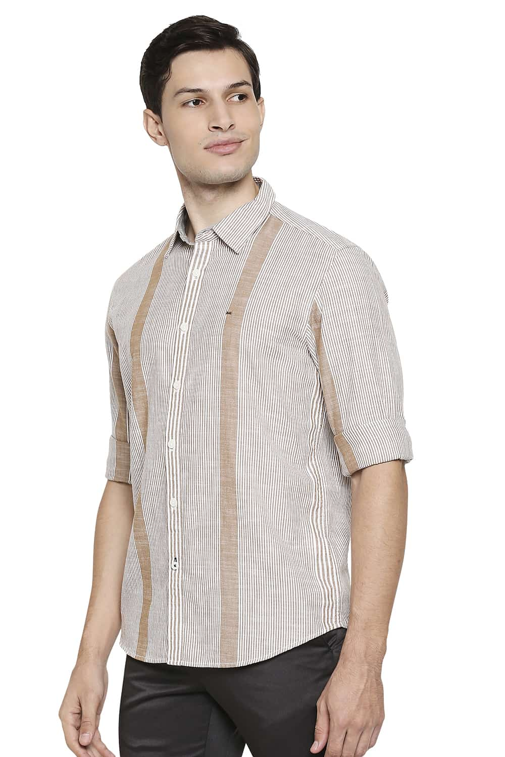 BASICS SLIM FIT SLUB ENG VERTICAL STRIPE SHIRT