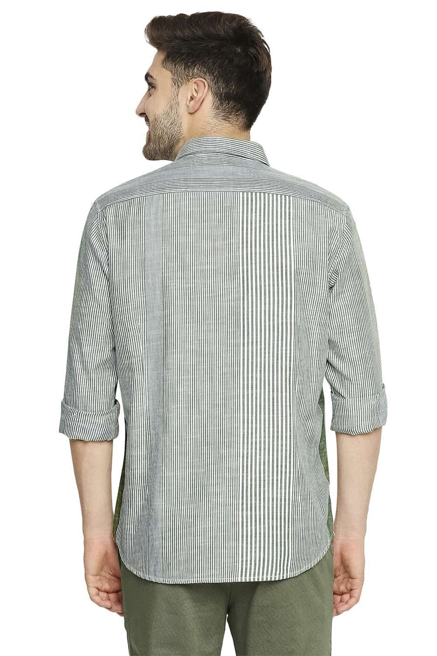 BASICS SLIM FIT OLIVINE GREEN SLUB ENG VERTICAL STRIPE SHIRT