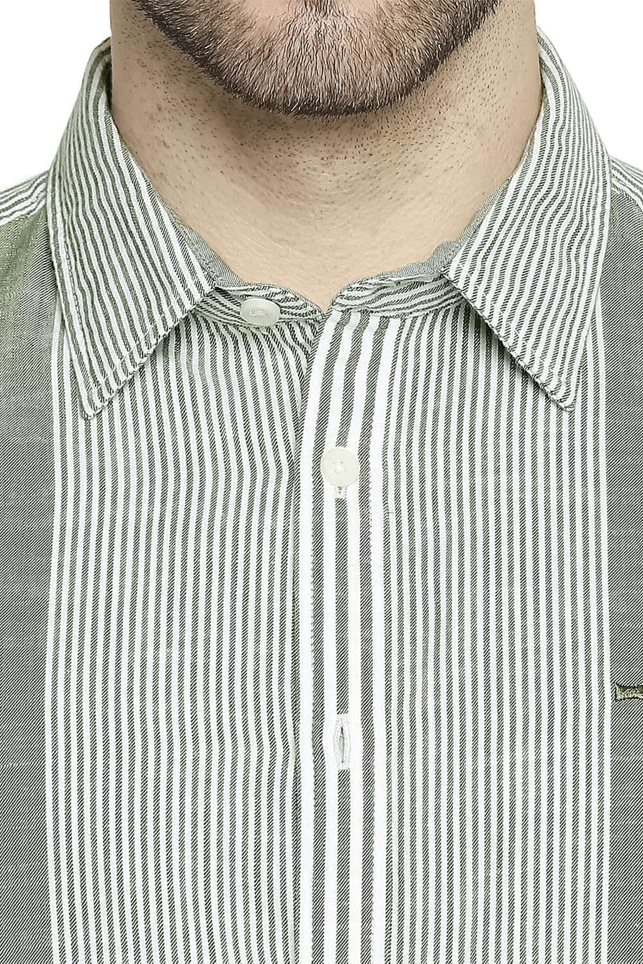 BASICS SLIM FIT OLIVINE GREEN SLUB ENG VERTICAL STRIPE SHIRT