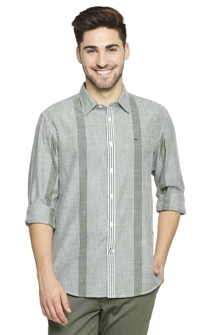 BASICS SLIM FIT OLIVINE GREEN SLUB ENG VERTICAL STRIPE SHIRT